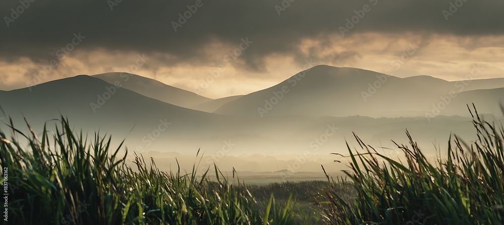 Obraz premium Misty mountain range silhouette at sunrise or sunset viewed over tall, windswept green grass under dramatic, dark clouds