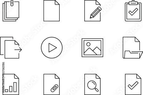 Document and file management icon set with play, image, analytics, search, copy, attach, folder, checklist, edit, office tools design