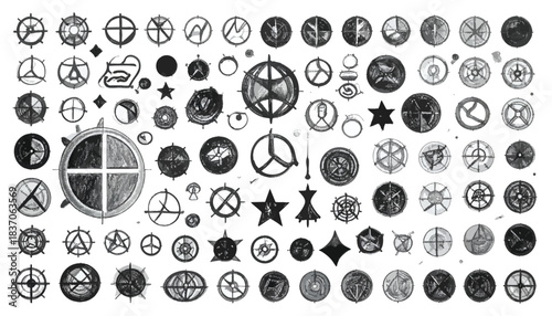 Variety of hand-drawn circular and geometric shapes in monochrome