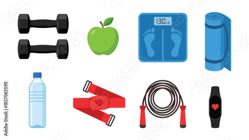 Healthy Lifestyle Flat Icons Set Dumbbells Apple Scale Yoga Mat Water Bottle Heart Rate Monitor Jump Rope Fitness Tracker