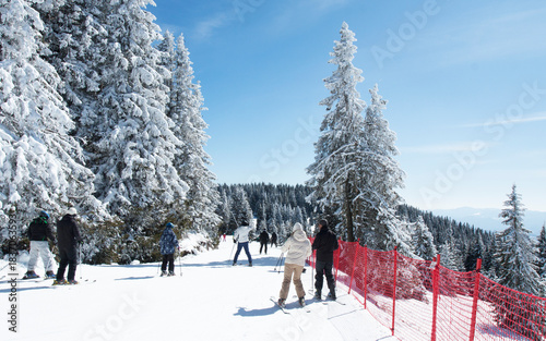 Skiing on ski resort Pamporovo in the Rhodopes mountains in Bulgaria