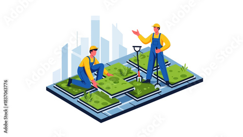 Professional Team Installing Modular Green Tiles for Sustainable Urban Development