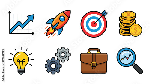 Business and Finance Icons Growth Rocket Launch Target Money Idea Gears Briefcase Analytics