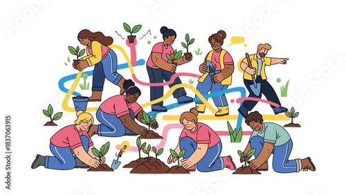 Collaborative Team Planting Seedlings for Sustainable Community Growth Initiative