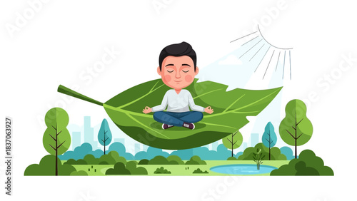 Sustainable Wellness Concept: Man Meditating on a Giant Floating Leaf Overlooking a Green Urban Park, Symbolizing Eco-Conscious Mental Health and Nature Balance.