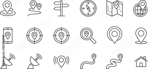 Location and navigation line icons set with GPS pin, map direction, mobile tracking, route signal, destination search and home position symbols