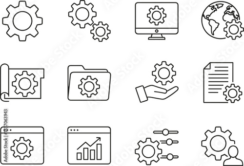 Line gear settings icons set for development, software management, global technology, configuration, optimization, analytics and project planning interface design