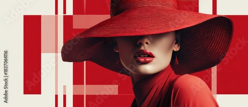 Wallpaper Mural Elegant Woman in Red with Wide-Brimmed Hat and Bold Lipstick Torontodigital.ca