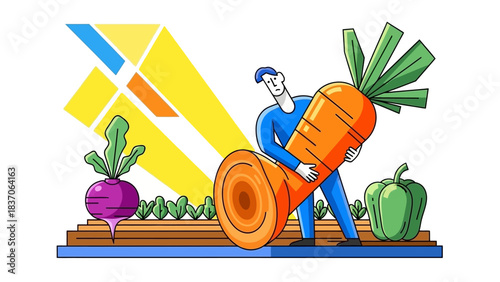 High-Yield Farming Success: Determined worker carrying a massive harvest carrot symbolizing growth and monumental effort.