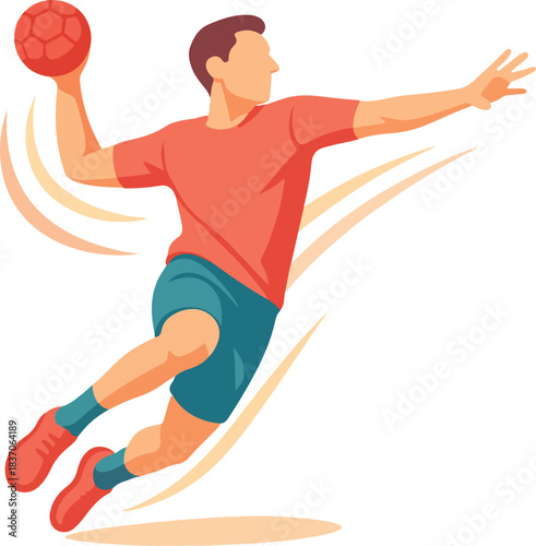 Handball player in action with red ball sport athlete