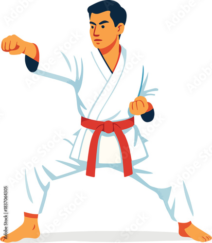 Karate practitioner in white gi with red belt in fighting stance