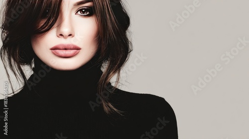 Wallpaper Mural Fashionable Woman with Bold Makeup and Black Turtleneck in Minimalist Portrait Torontodigital.ca