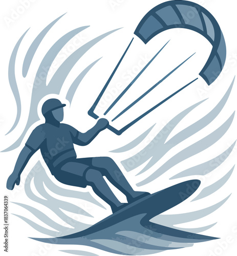 Kitesurfer riding a wave with a stylized kite and water Keywords: kitesurfing, kiteboarding