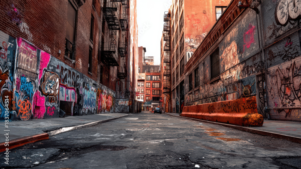 Fototapeta premium Urban alleyway showcases vibrant graffiti art adorning brick walls, offe a gritty glimpse into city life and artistic expression, creating a captivating scene.