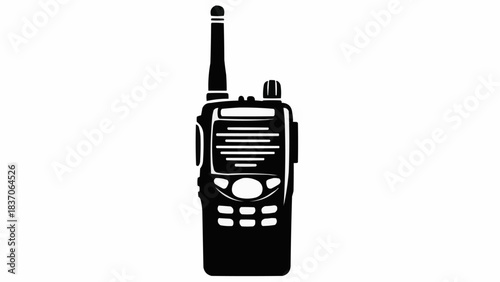 Black walkie talkie silhouette with antenna and buttons for communication.