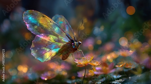 Ethereal butterfly on dewy blooms at dusk. AI image