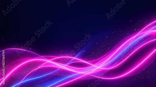 Abstract neon ribbon light trail in magenta–pink–cobalt sweeping left to right over deep navy background