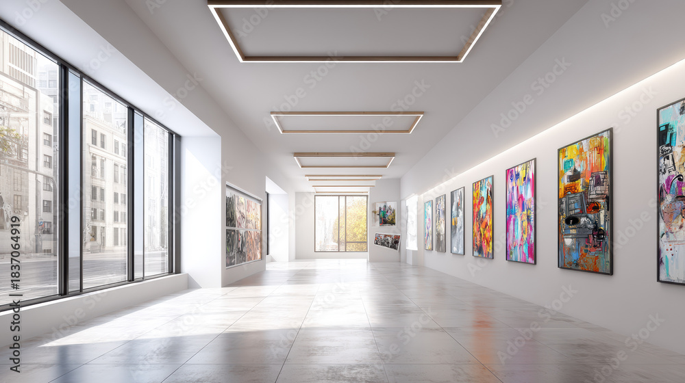 Obraz premium A brightly lit art gallery displays modern paintings along white walls with large overlooking a cityscape, creating an inviting and sophisticated space.