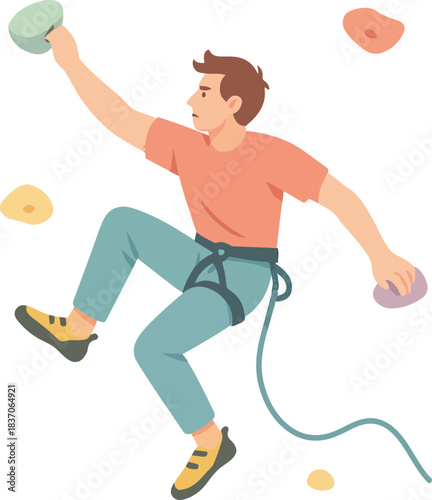 Man climbing artificial rock wall with colorful holds