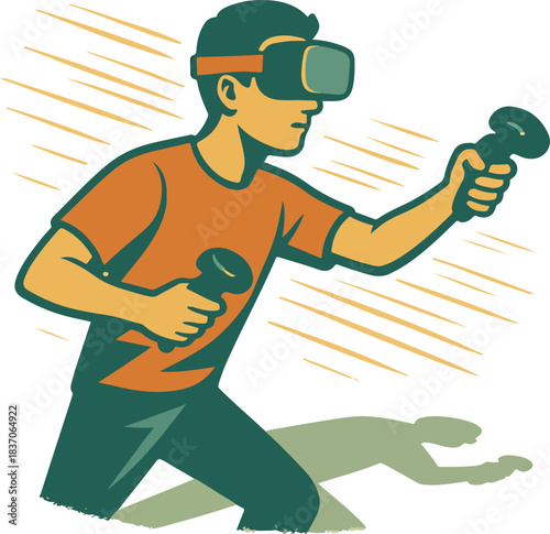 Man in VR headset playing with controllers and motion lines