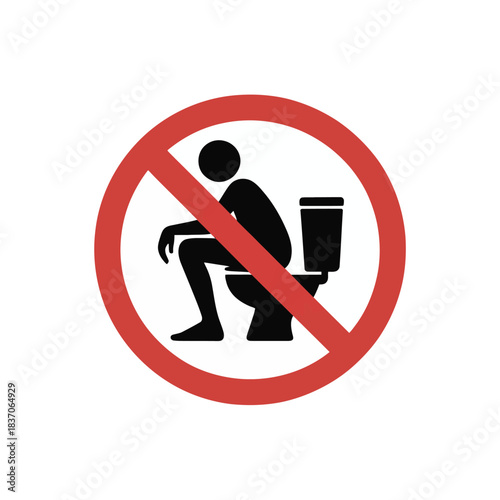 Forbidden sign showing person squatting on toilet illustration indicating improper use or cultural prohibition of facility