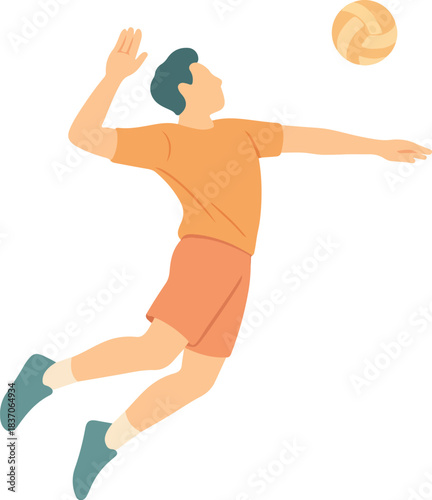 Man Jumping to Spike Volleyball Orange and Blue Keywords: volleyball, sport, player, athlete