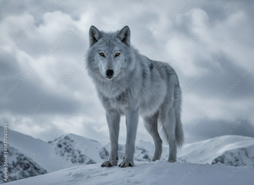 Obraz premium White arctic wolf stands majestically on snowy mountain peak. Wild animal in winter landscape with cloudy sky. Portrait of powerful predator.