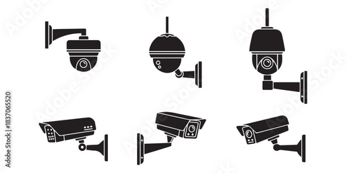 Surveillance camera vector set, black cctv icon collection, wall mount design, security monitoring system, home safety, flat illustration