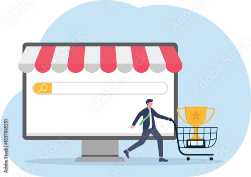 pushing a trolley filled with trophies, illustrating rewards for research in his business field.
