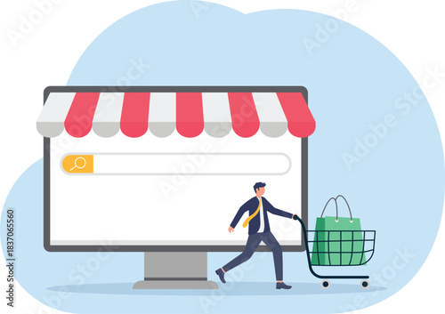 conversion rate concept, customer queue in search bar and checkout with full of purchased items in shopping cart.
