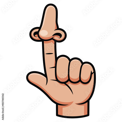 Comic style cartoon illustration of human hand pointing upwards with a funny nose perched oddly on the extended index finger visual pun