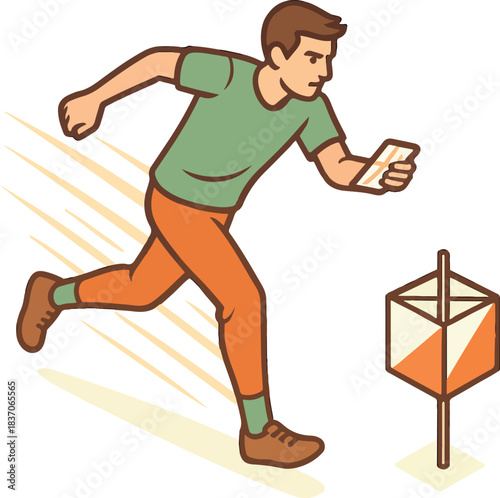 Man running with map during orienteering race compass