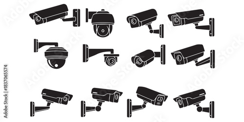Surveillance camera vector set, black cctv icon collection, wall mount design, security monitoring system, home safety, flat illustration