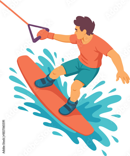 Man wakeboarding on orange board with water splashes