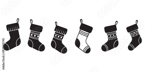 Minimalist Christmas stockings with snowflake design in black and white, festive holiday decoration icon with hanging loops, A black silhouette icon of a Christmas stocking with a small tree design