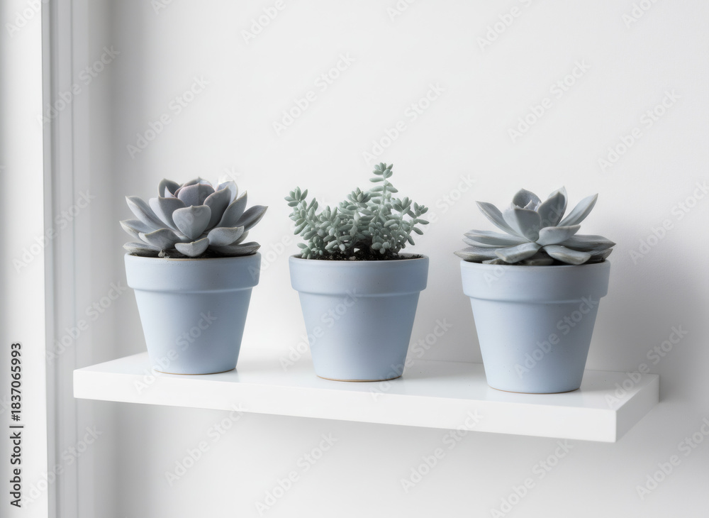 Fototapeta premium Three succulent plants in small blue pots on a white shelf. Interior decor concept for home and office plant collection and minimal design.