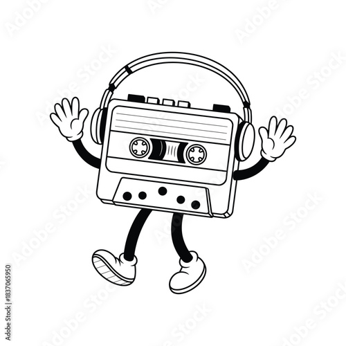 Black and white line drawing of vintage analog cassette tape character wearing headphones dancing happily cartoon vector illustration graphic
