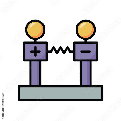 Electrical polarity concept vector illustration showing positive and negative terminals connected by resistor component generating current flow
