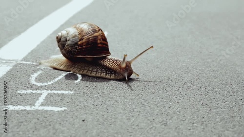 Garden snail slowly crossing a white finish line on asphalt. Concept of patience, determination, and success. Slow and steady wins the race metaphor