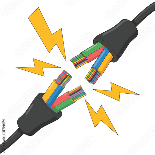 Danger of electrical short circuit represented by fraying exposed wires on cut power cable ends with yellow lightning bolts sparking hazard