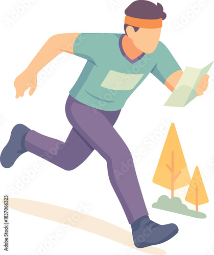 Person running with map in a park with trees orienteering