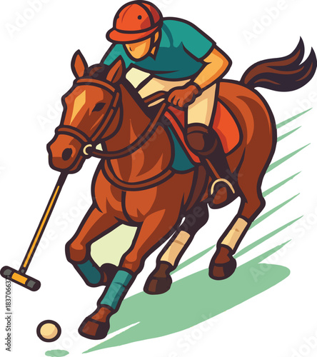 Polo player on horseback hitting a ball rider sport