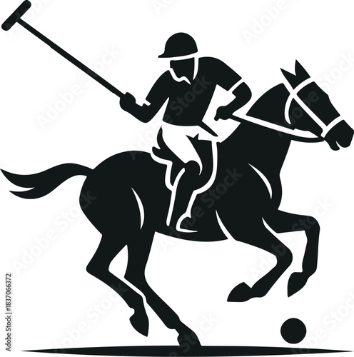 Polo player on horseback hitting ball silhouette rider