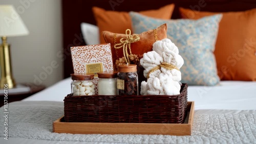 a resort bed, a diwali gift hamper with mithai boxes, candles, coffee grind etc in the hamper. the hamper is a dark brown wooden basket