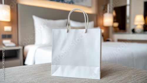 an elegant plain white gift bag sitting on the bed of a hotel room in a luxurious modern hotel