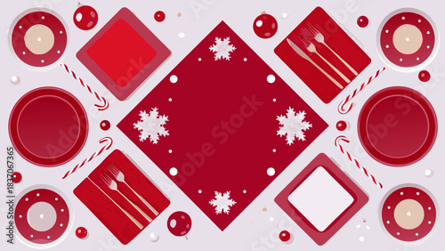 Overhead view of christmas themed table setting with plates silverware ornaments and candy canes arranged nicely