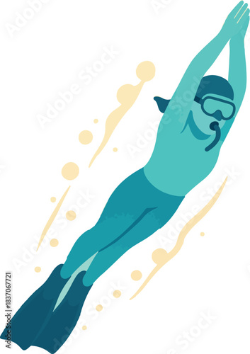 Scuba diver in blue suit with snorkel and fins diving