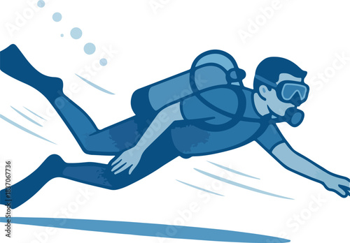 Scuba Diver Swimming Underwater with Bubbles diving