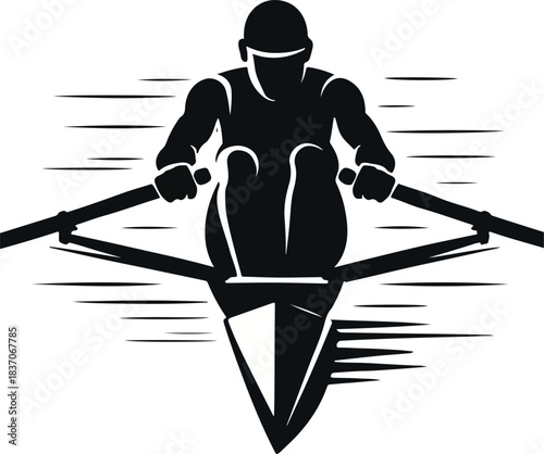 Silhouette of a Rower in a Racing Shell Keywords: rowing, rower, boat, shell, oars, water, sport