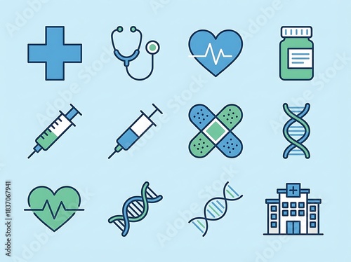 Medical and Healthcare Icons Cross, Stethoscope, Heartbeat, Syringe, DNA, Hospital, Bandages